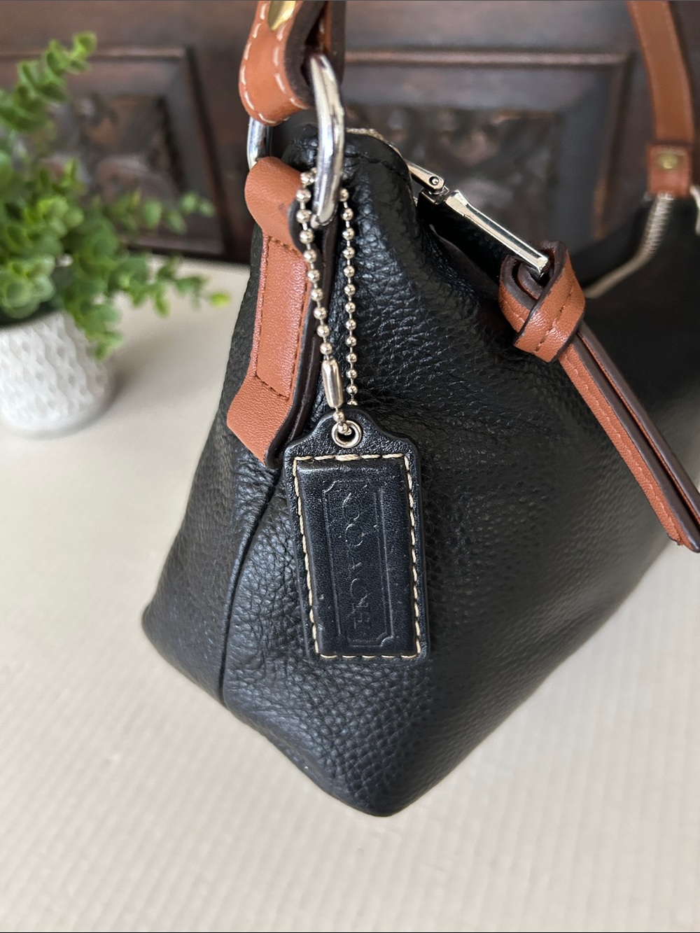 Black Leather Wristlet with Brown Strap - Picture 7 of 11
